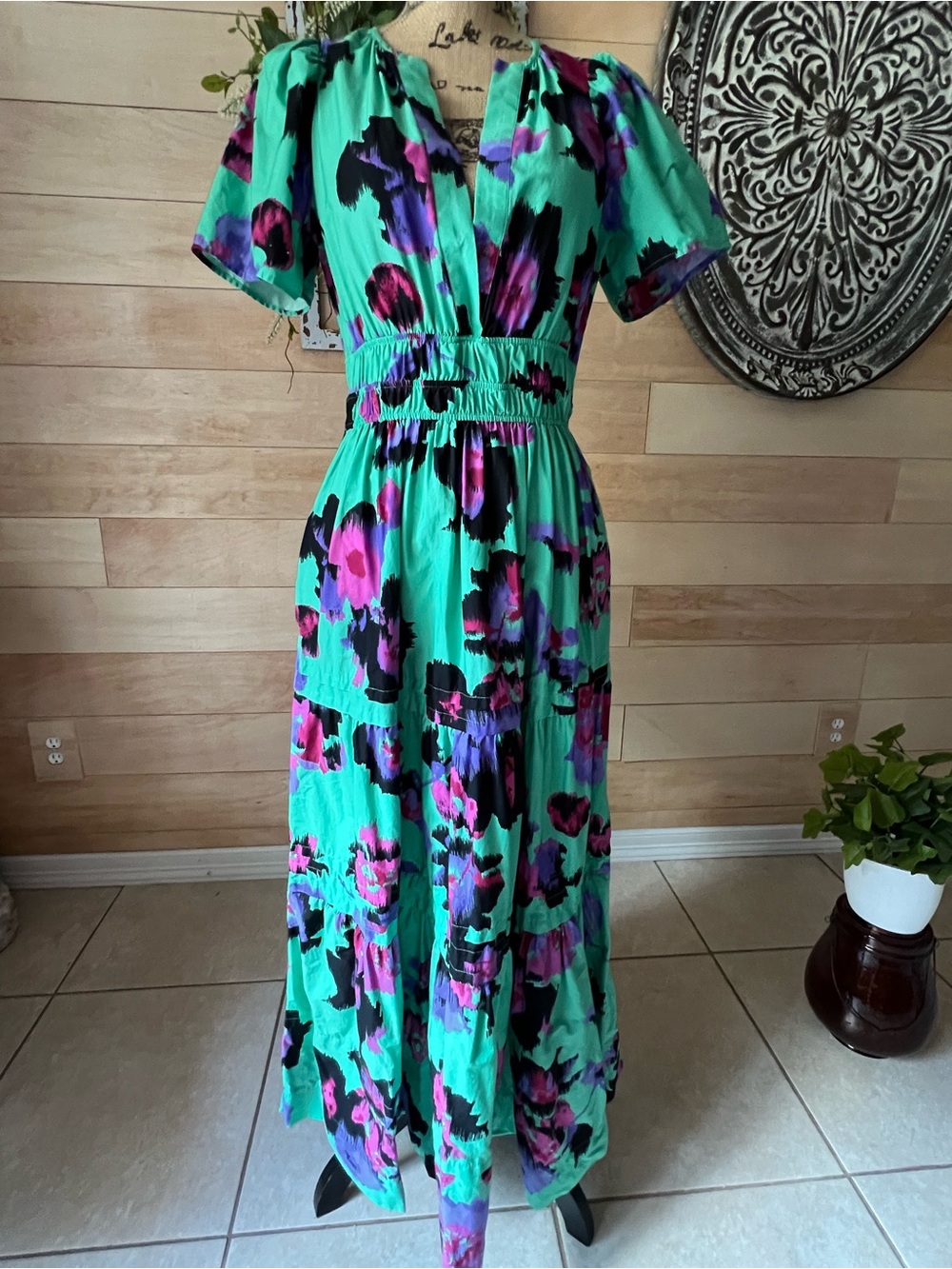 Anthropologie Teal Floral Maxi Dress with Pink & Purple Accents Size Small